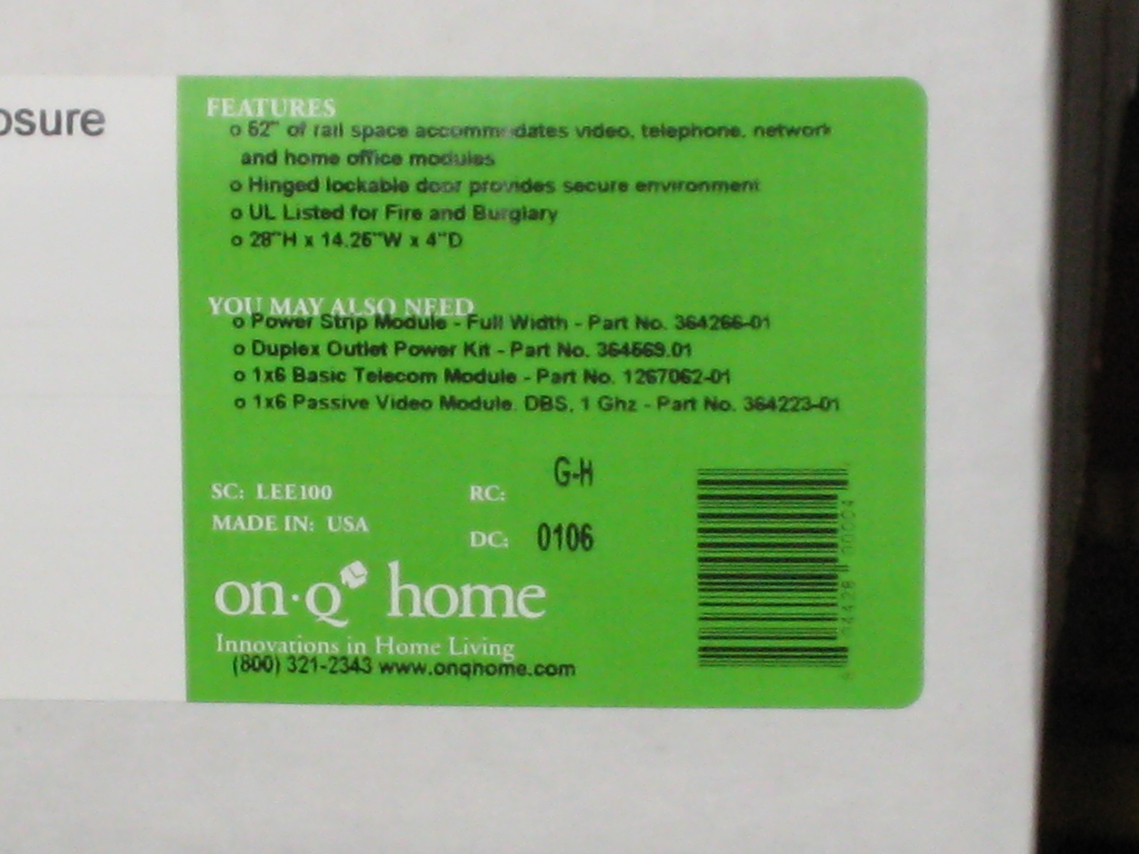 ONQ LEGRAND 36347501 28 HOME NETWORKING PANEL NIB  